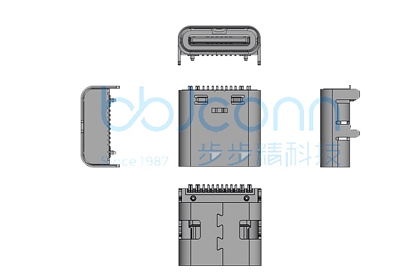 TYPE-C 16P 母座 L=8.35 CH=1.67 板上四脚插 带柱 端子SMT